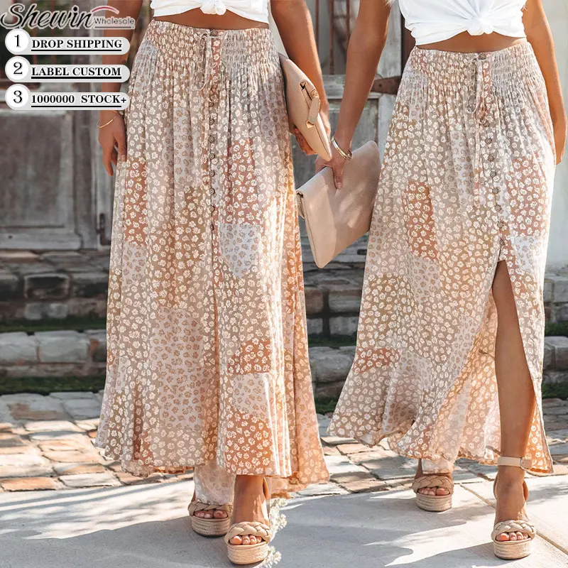 Summer Solid Frill Draped Layered Drawstring High Waist Women Long Ruffle Maxi Skirt