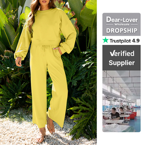 Thân Mẹo-Người Yêu Bán Buôn Drop Shoulder Puff Tay Áo Crop Áo Thun Dây Kéo Chân Rộng Quần Set In Trên Nhu Cầu Giản Dị Bộ Cho Phụ Nữ - Product Image 3