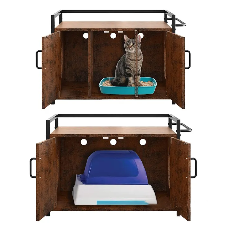 Pet Crate With Iron And Wood Sturdy Structure Pet Furniture Cat Washroom Bench Cat House Nightstand