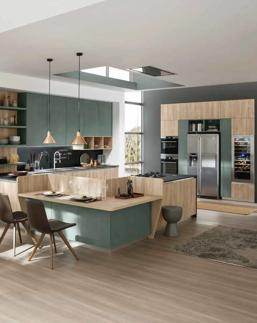 2023 SKYLINE Armoire de cuisine de luxe classique de style allemand avec comptoir en marbre pointu en U et armoires en bois massif en chêne