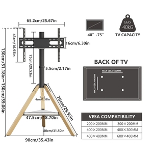 UNHO Tripod <strong>TV</strong> Stand: <strong>TV</strong> Floor Stand with Solid Wood Legs and Marble Shelf Height Adjustable Swivel <strong>TV</strong> <strong>Mount</strong> for 40 to <strong>75</strong> Inch - Product Image 5