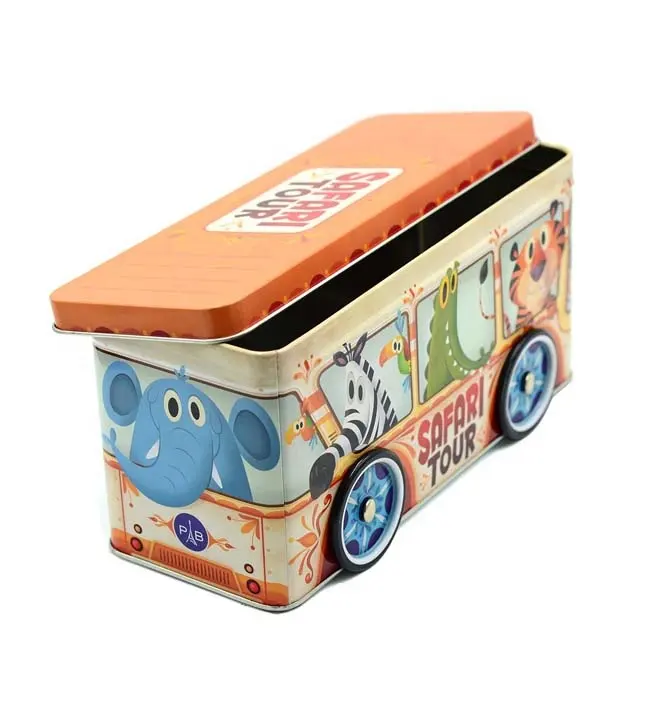 caixa de metal em forma de carro de ônibus de lata para presente promocional com 4 rodas giratórias