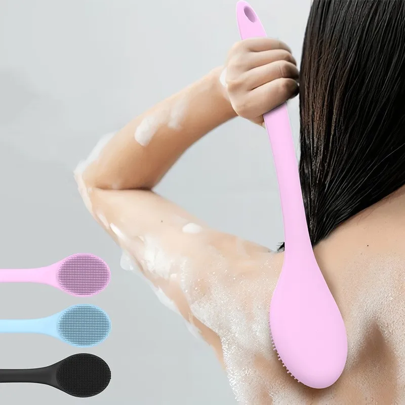 Mango Largo trasero de silicona de fabricante personalizado para ducha, cepillo trasero, exfoliante para la piel, depurador de baño, cepillo corporal para hombres y mujeres