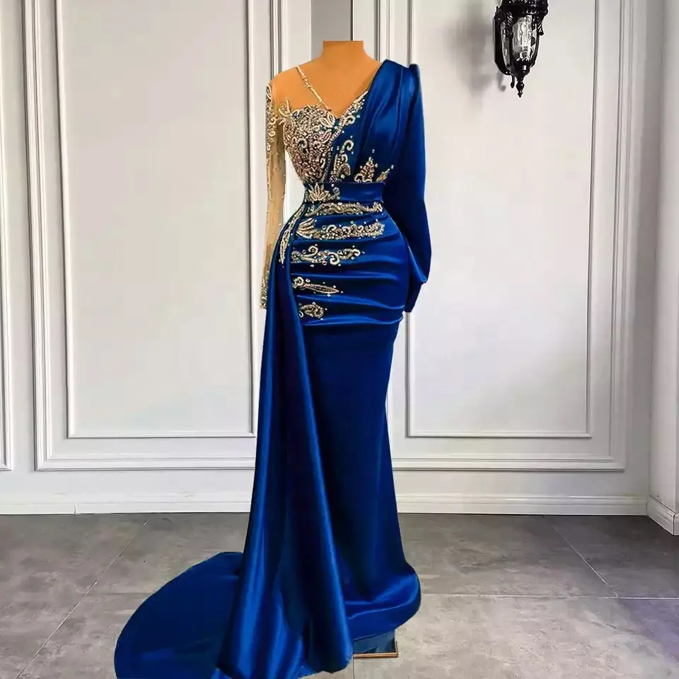 Bleu haute qualité sirène à manches longues Satin robes de soirée robes 2022 perlé élégant pour les femmes robes de soirée