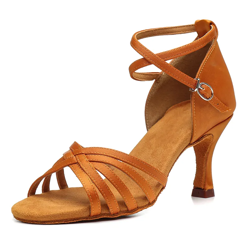 Wholesale new women's soft soled 5.5/7/8.5cm Brown satin Rumba Standard Waltz dance tango Salsa Latin ballroom dance shoes