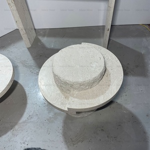高品质手工北欧家具设计白色石灰华茶几天然分体表面圆形米色石灰石边桌