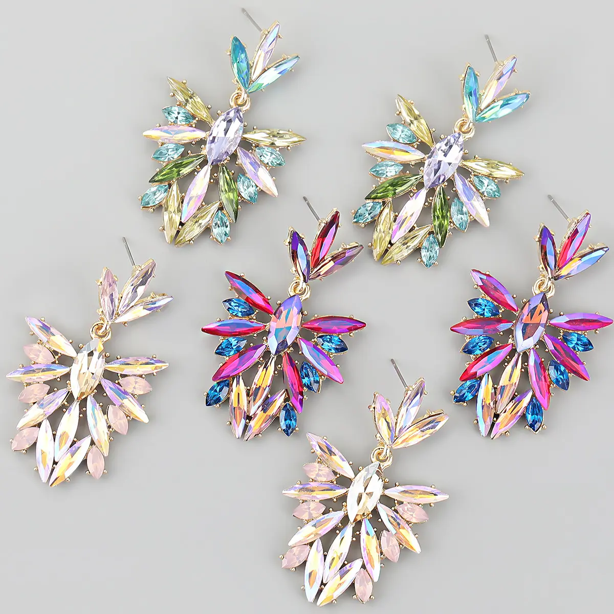 Boucles d'oreilles pendantes avec strass colorés pour femmes, bijoux en forme de fleur, en alliage d'or, nouvelle collection 2021