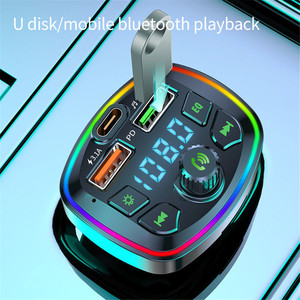在线汽车无线5.0充电器调频发射机PD 18W Type-C双<span class=keywords><strong>USB</strong></span> 4.2A彩色环境光点烟器MP3音乐
