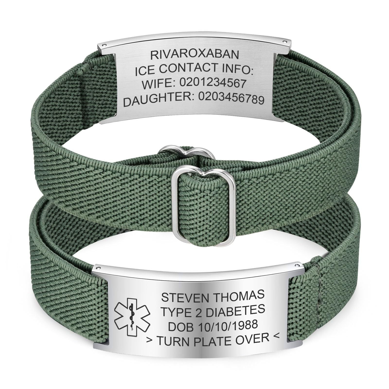 Steel green rope medical alarm bracelet