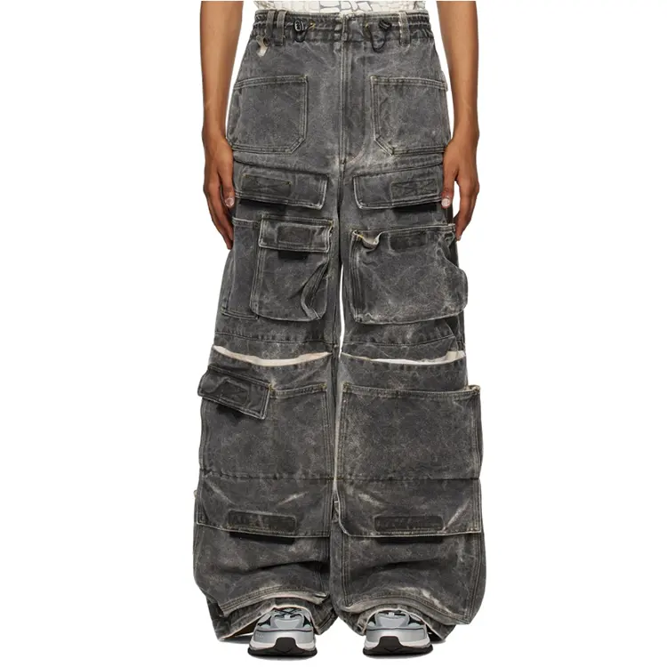 Jean baggy 100% coton denim personnalisé, avec cordon de serrage à bascule de style élastique, avec plusieurs poches cargo, vente en gros pour hommes