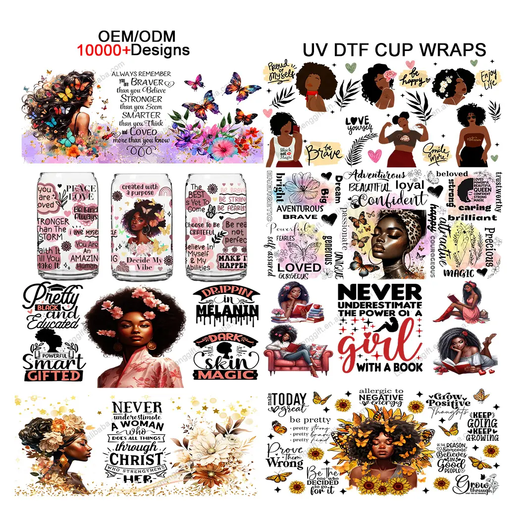 High quality custom design uvdtf cup wraps Hairstyle Black Girl Inspirational Quotes 16oz glass can uv dtf transfer stickers