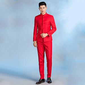 Heiße neue Mode Hochzeits anzug Männer Chinesische Tang-Kragen Anzug Design <span class=keywords><strong>Red</strong></span> Man Stage Host Anzug & Smoking