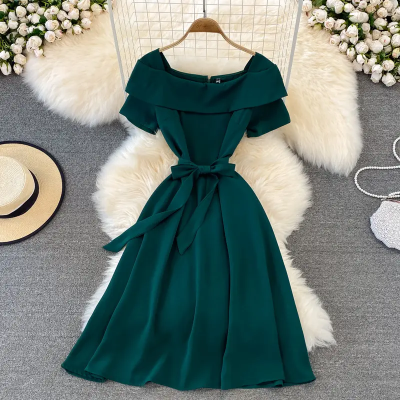 2022 New Summer Elegant Plain Color Square Collar Backless High Waist Lower Hem Ruffles Holiday Dress For Women