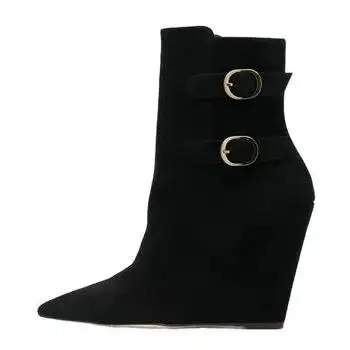 Outono novo cinto fivela cunha calcanhar ankle boots apontou toe camurça botas femininas tamanho grande sapatos femininos botas de couro