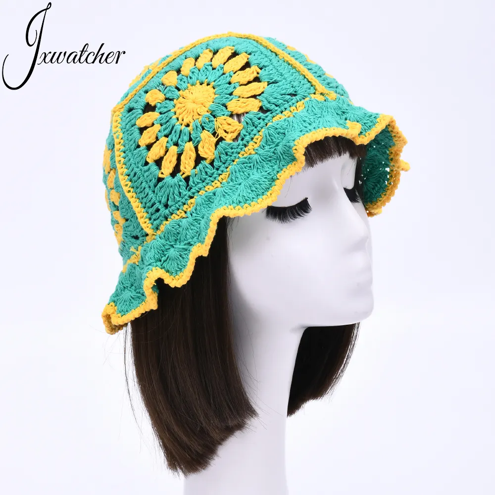 Round Brim Custom Logo Patch Handmade Oco Malha Bucket Hat Flor Floral Meninas Grosso Quente Mulheres Lã Crochet Beanie Chapéus