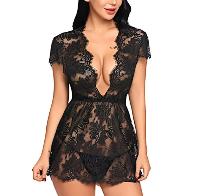 Vendita calda moda Lingerie trasparente scollo a v indumenti da notte donne Sexy pizzo biancheria intima erotica degli indumenti da notte