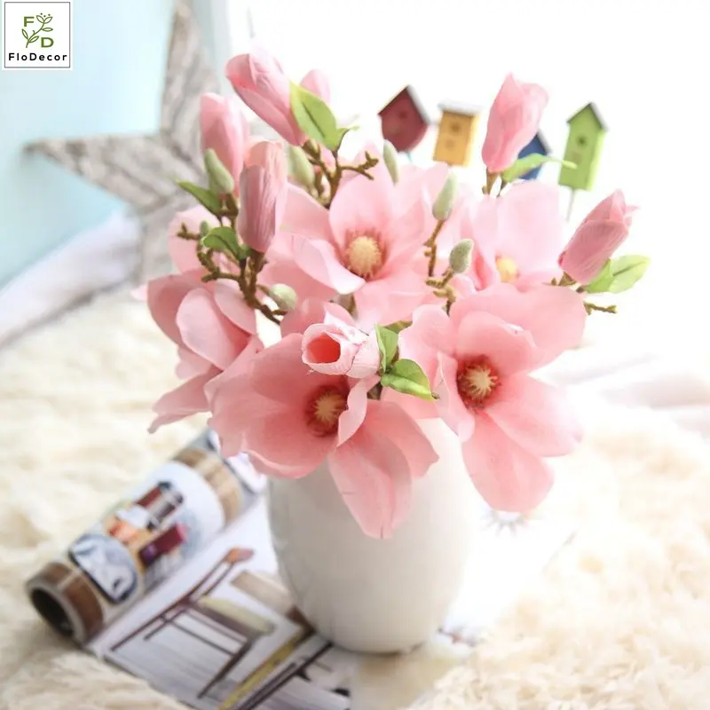 Flores artificiales de Magnolia, tela de seda, centro de mesa para el hogar, decoración para fiesta de boda, arreglo Floral, barato