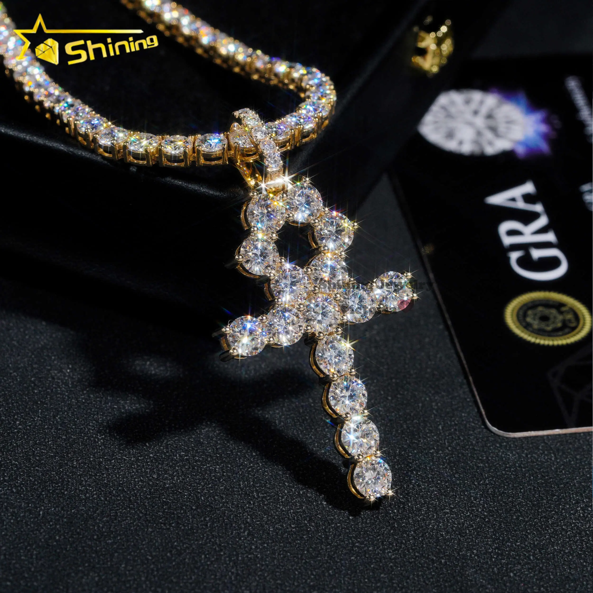 Cadena DE TENIS certificada de alta calidad personalizada diamante hip hop joyería de oro sólido 10K 14K 18K oro real VVS moissanite Cruz colgante