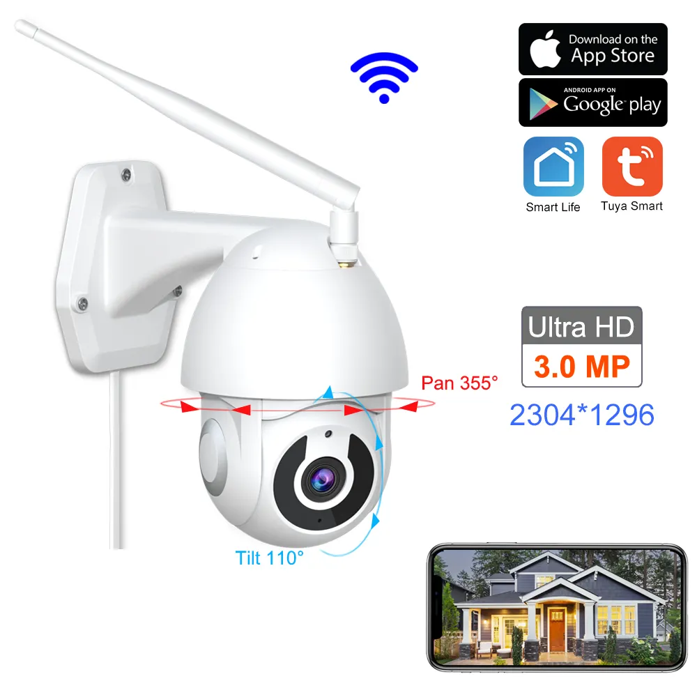 كاميرا حماية خارجية wifi مع رؤية ليلية كاميرا ذكية tuya 3MP PTZ مع قبة تعمل لاسلكيًا بشبكة 360 كاميرا IP مع إنذار للمنزل