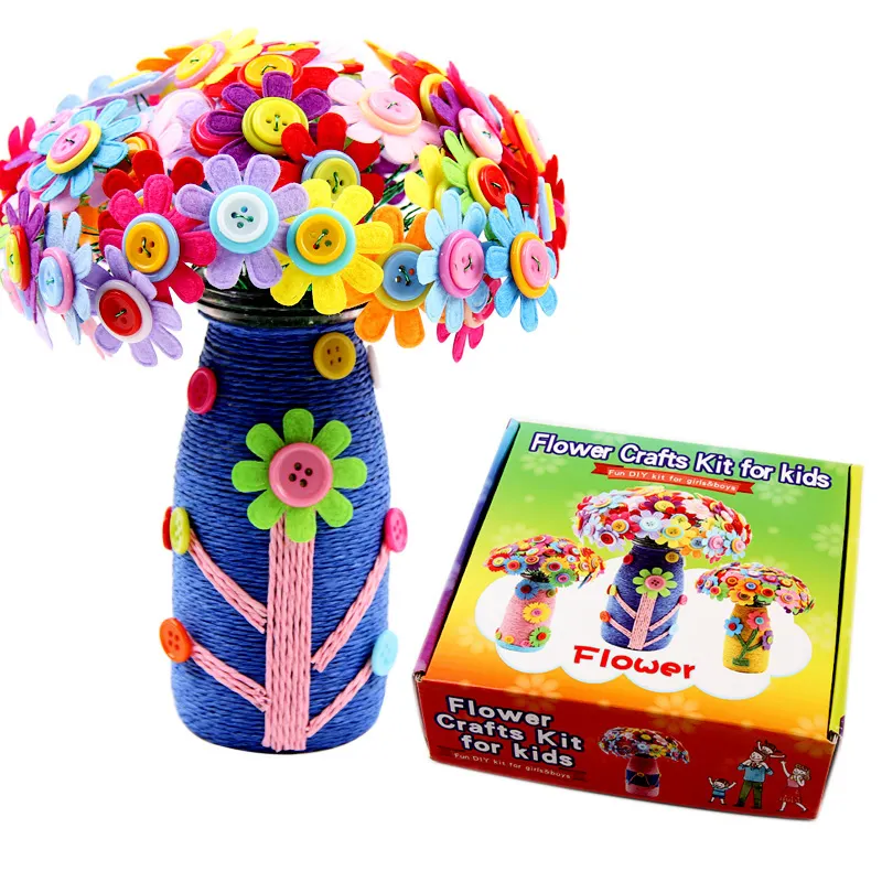 Kit de flores y jarrones con botones artesanales para niños, ramo de botones educativo creativo decorativo para regalo del Día de la madre, venta al por mayor
