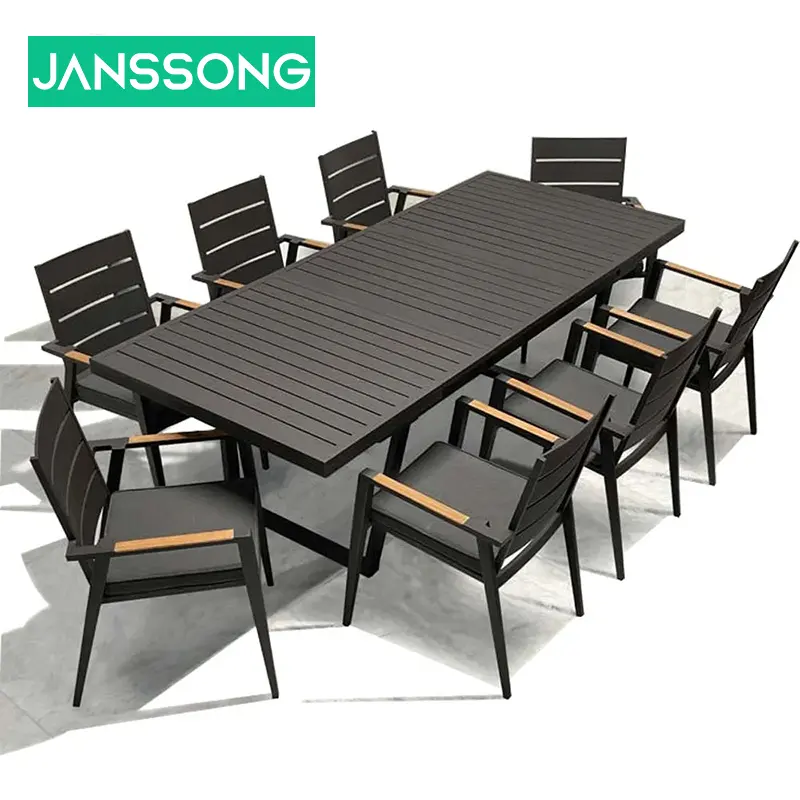 Conjunto de mesa e cadeiras de madeira para jantar ao ar livre, móveis de jardim e pátio, high-end para hotel, café, restaurante, alumínio