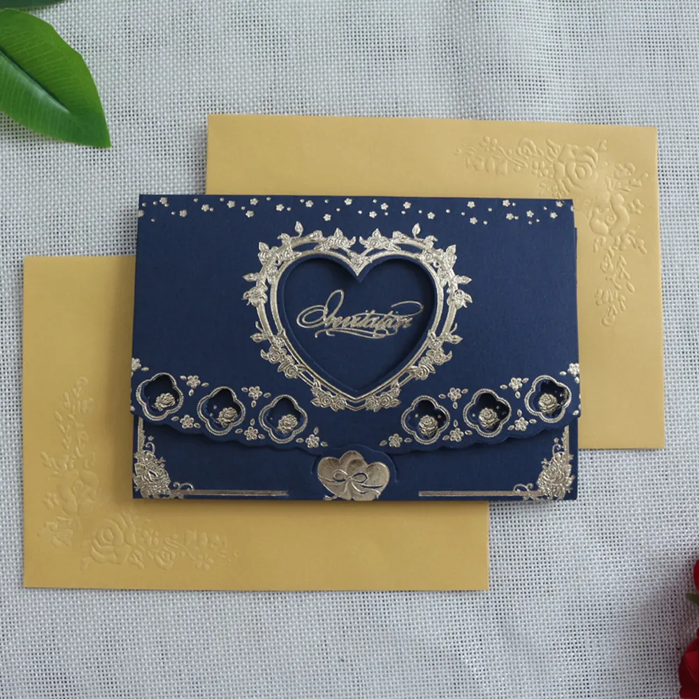 Tarjeta de invitación de boda de papel elegante, precio al por mayor barato, invitaciones de diseño musulmán con forma de corazón para ceremonia