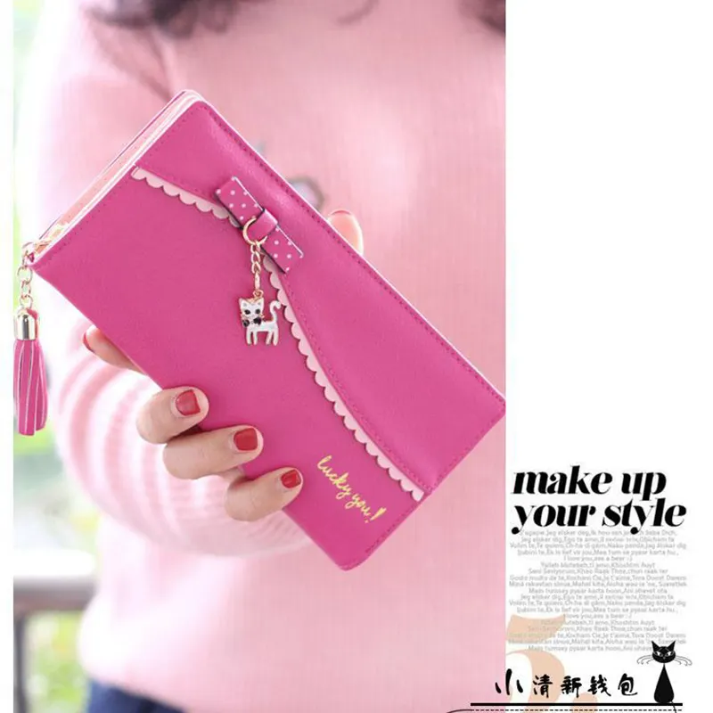 ジッパー付きエレガントな女性の財布ピンクの電話ポケット財布カードホルダーパッチワーク女性ロングウォレットレディタッセルショートコイン財布