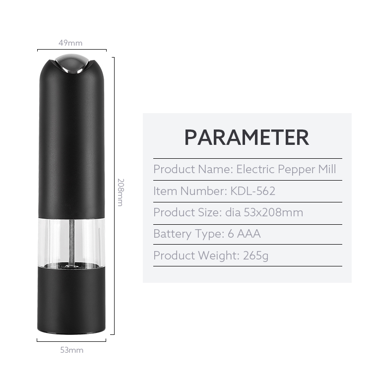 6 AAA batteries operated electric pepper grinder salt mill with white LED light