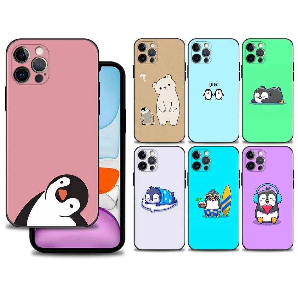 Funda de silicona con dibujos de pingüino para iPhone, carcasa negra con dibujos animados para iPhone 14 11 13 12 Pro Max XS XR X 8 7 6s 6 Plus 5 5S SE