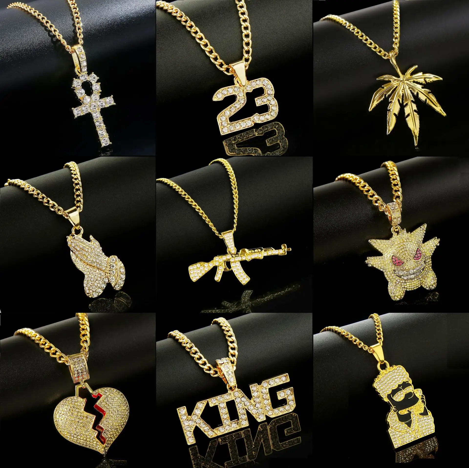 Cadena cubana chapada en oro Rock Punk para hombre y mujer, collar con diamantes de dólar completo Boss Queen, arma cruzada, corazón, Rey León, Hip Hop, joyería