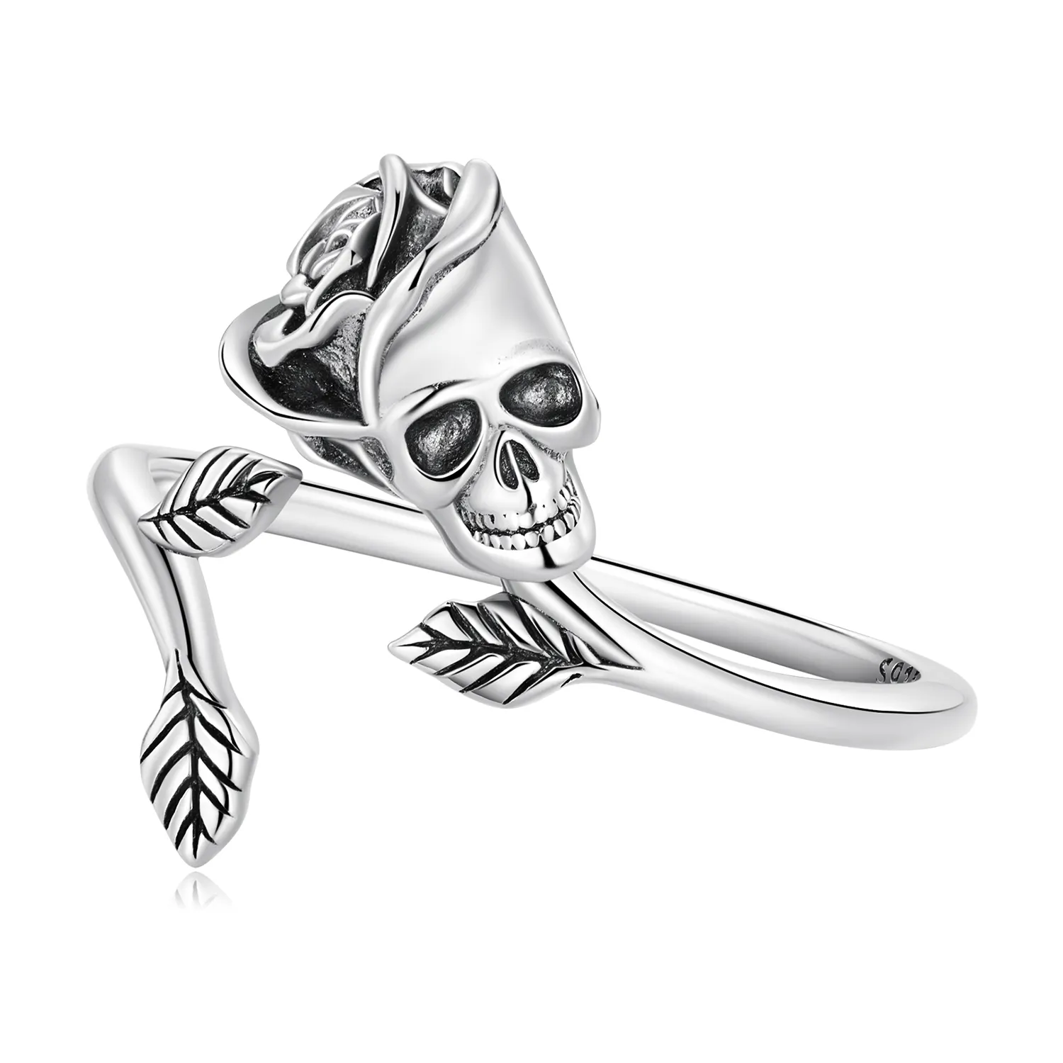 Personalized Skull Ring Adjustable 925 Sterling Silver Punk Gothic Vintage Leaf Open Skeleton Hand Ring Women