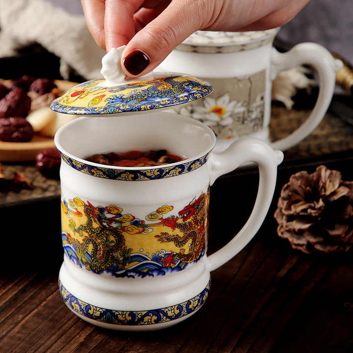 Mug Hotel Tea House Blue and White Porcelain Cup Meeting Bone China Dragon Drinking Water with Cover Ceramic Tea