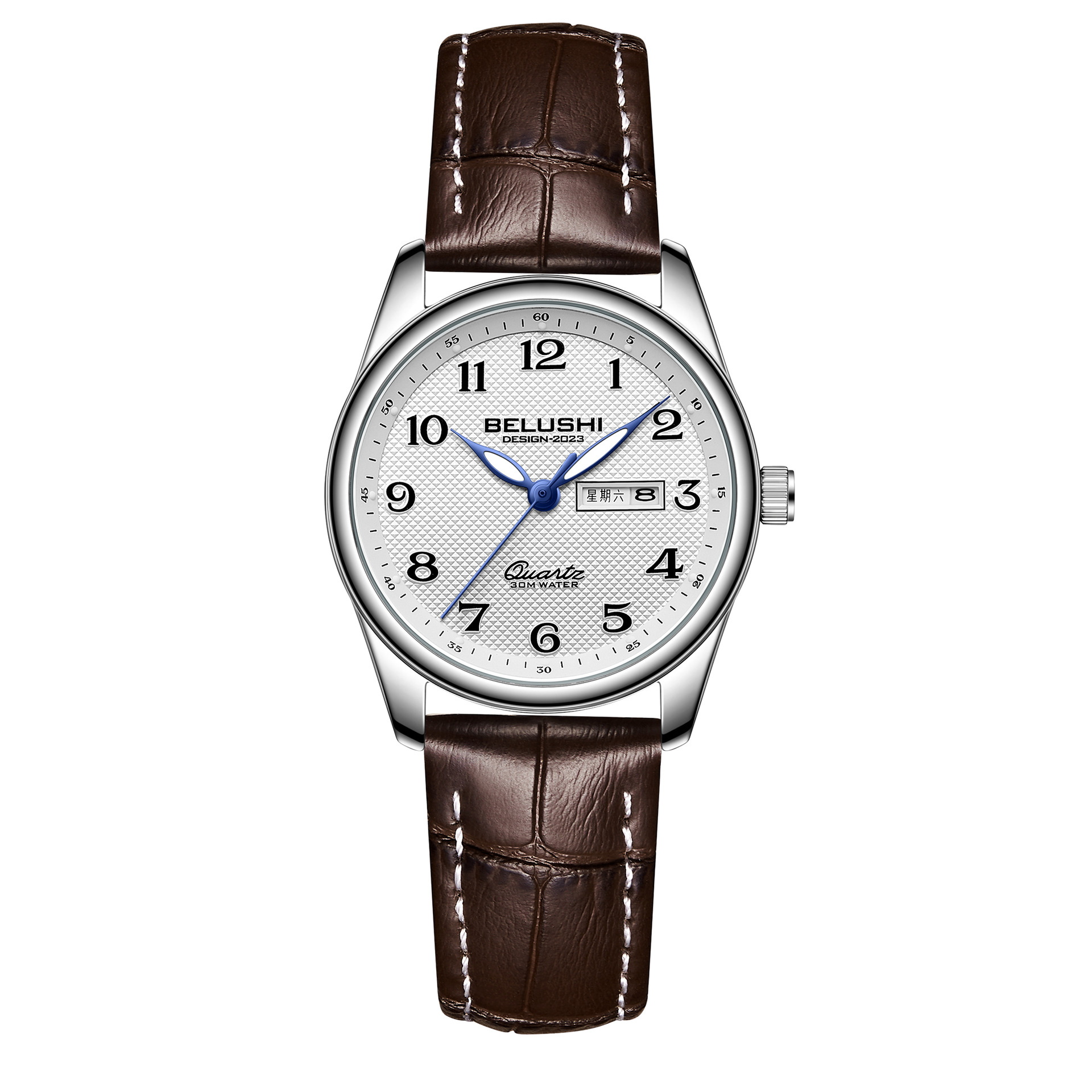 B- 9401 silver style for women Shell white surface Brown Belt