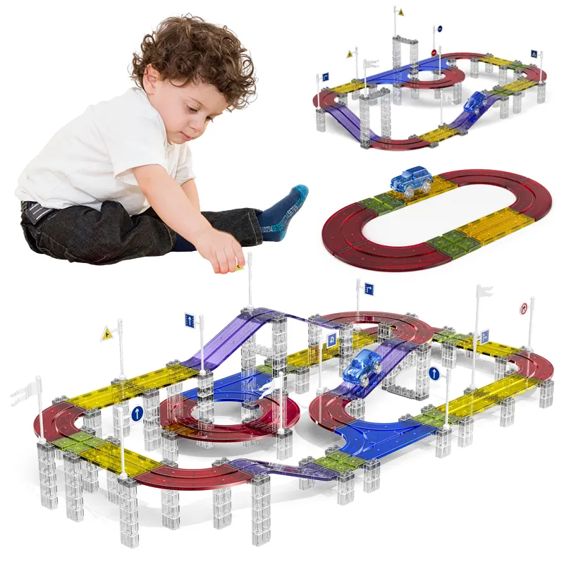 مجموعة ألعاب السباقات المرنة للأطفال على شكل فتحة مغناطيسية مصنوعة يدويًا مع سيارات مضيئة كهربائية