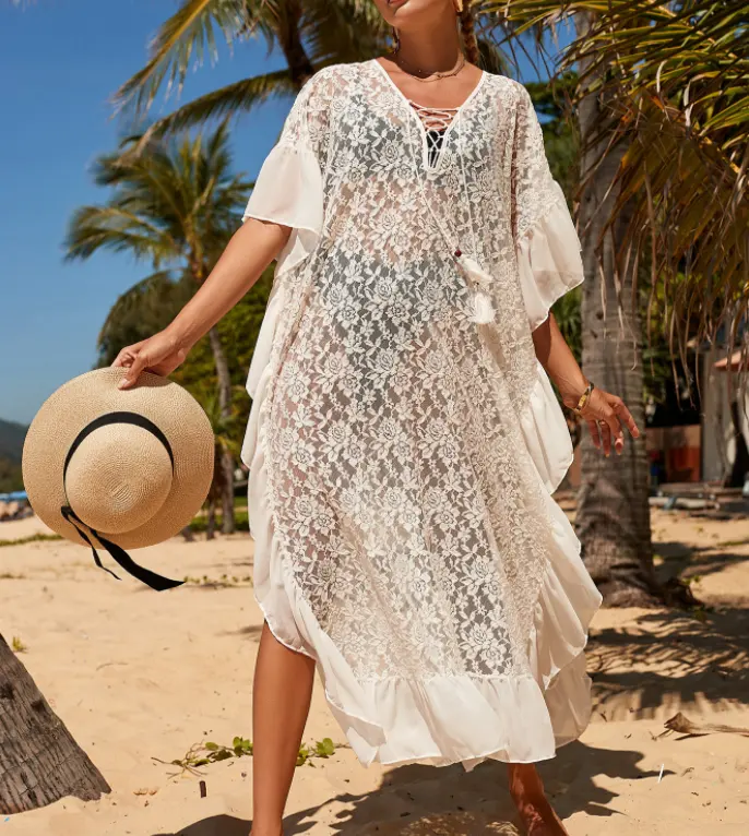 Robe de plage Maxi en dentelle blanche, style bohème, Kaftan, grande taille, modèle été 2022, STOCK en ue