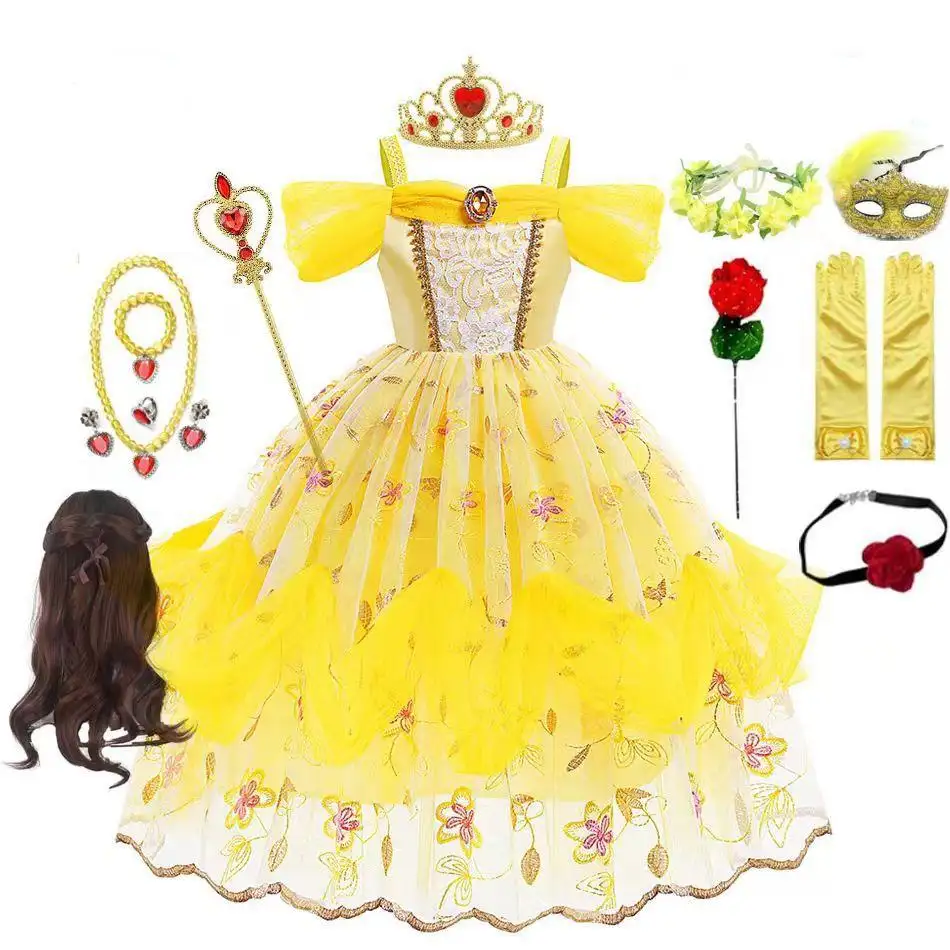 Bereit zu versenden Mädchen gelbe Prinzessin Kostüm für Belle Halloween Kostüme für Kinder Belle Kleid Prinzessin