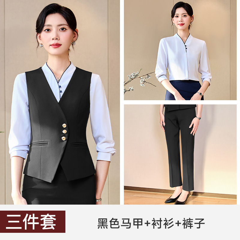 Black vest, shirt, and trousers