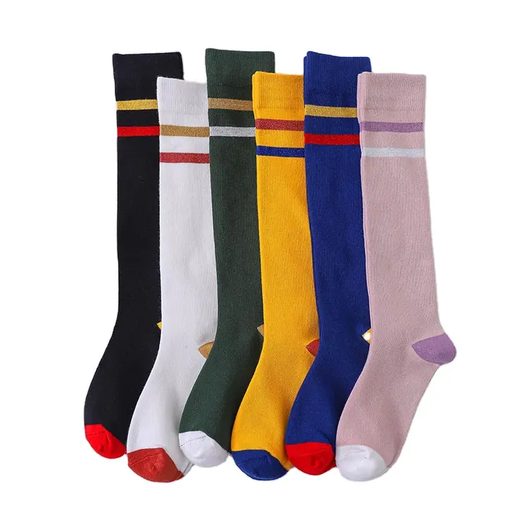 Two Stripes Fashion colorful funny College Style girls Knee High Socks gold thread women Hot long Socks