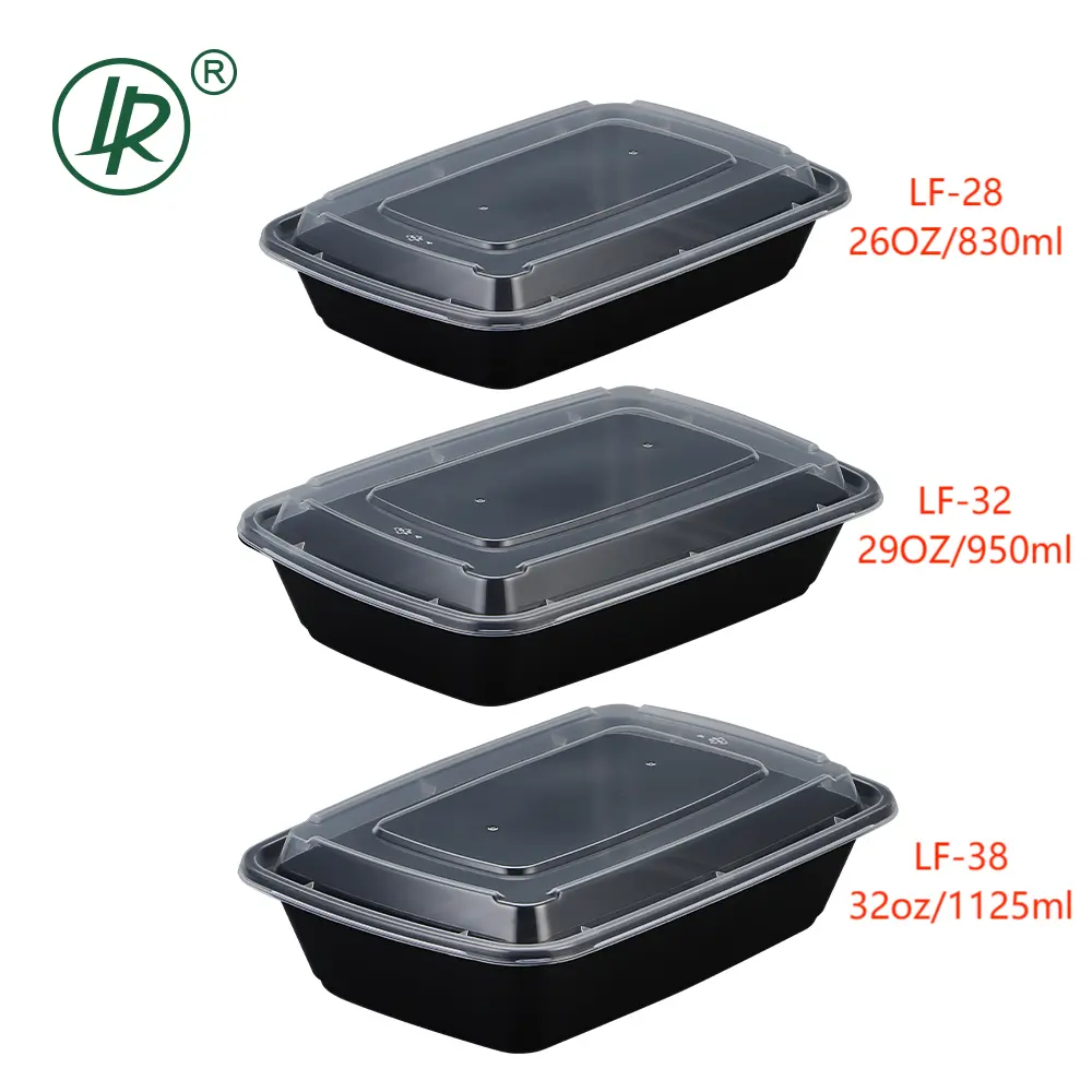 Nouvelle boîte à lunch en plastique LF Series 26 29 32OZ pour la préparation des aliments Vaisselle jetable à emporter Récipients alimentaires à fond noir avec couvercle transparent