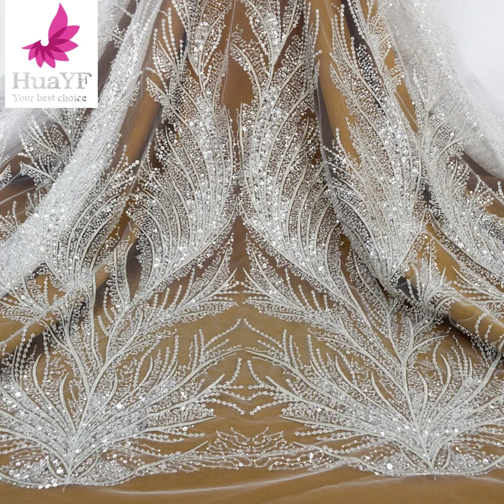 Exclusif blanc mariée mariage français 3d perles paillettes dentelle broderie fil brillant robe de soirée tissu HY1511