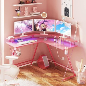 Escritorio de computadora en forma de L Superficie de fibra de carbono con soporte para monitor RGB LED Luces coloridas Escritorio de juegos rosa - Product Image 2