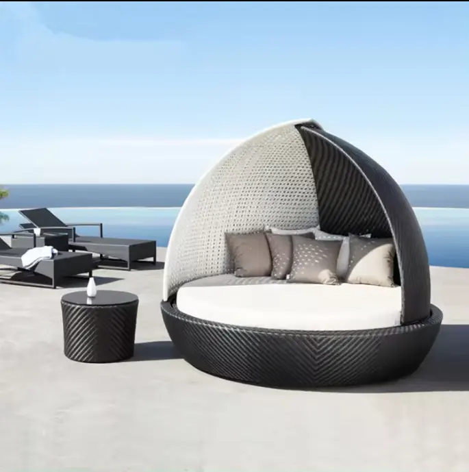 Tumbona moderna para jardín, tumbona redonda para exteriores, muebles junto a la piscina, toldo de ratán para exteriores, cama de día