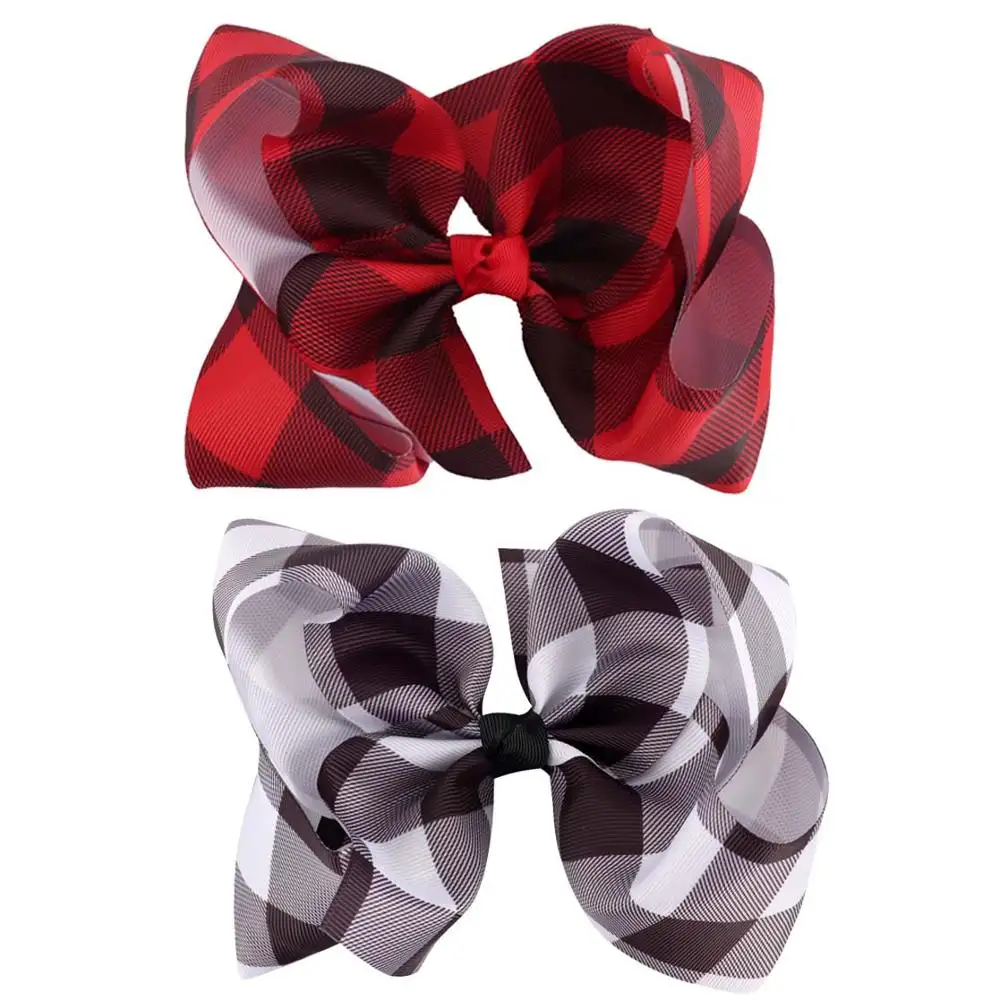 2 Colors 6 Inches Baby Girl Ribbon Big Bow Hair Clips Red Black White Checkered Plaid Christmas Ribbon Hair Bow