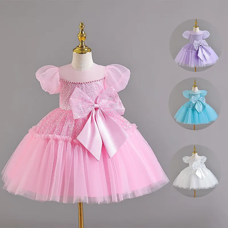 Dulce vestido de verano lazo grande encaje lentejuelas flor princesa vestido bebé niña 1-2 años vestido de fiesta de cumpleaños de 4 años
