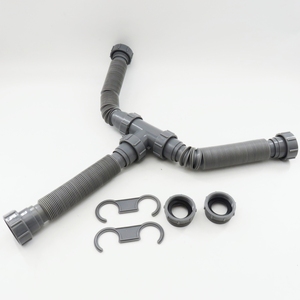 双水槽排水管套件-可扩展的柔性P型疏水阀，用于1 1/2 ”或1 1/4” 排水管，配有连接器和适配器 (灰色) - Product Image 1