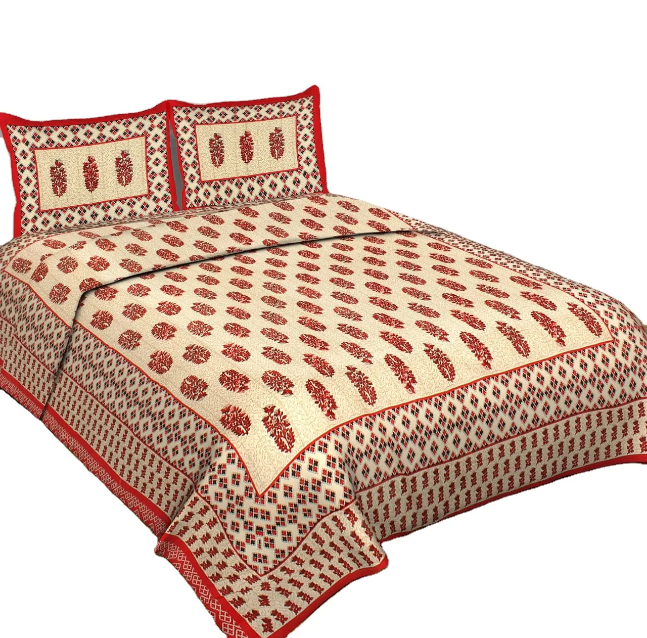 High quality Wholesale King Size Jaipuri 100% Cotton Fitted Bed Sheet With Matching Pillow Cover at Reasonable Price