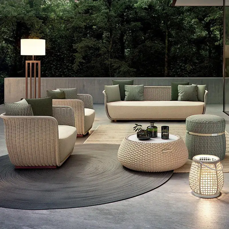 Juego de sofá tejido de cuerda de ocio de jardín moderno para todo clima Muebles de marco de aluminio para patio al aire libre