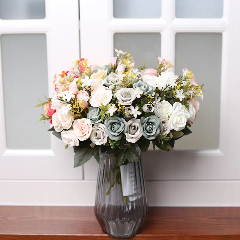 Bouquet de fleurs artificielles en soie, Bouquet de roses en plastique, grand achat de fleurs de roses artificielles, Bouquet de mariée, 2023