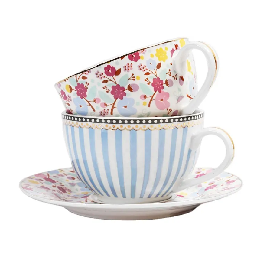 Taza de café y platillo de cerámica, juego de tazas de té Vintage para regalo de boda, hueso personalizado, estilo floral, China, venta al por mayor