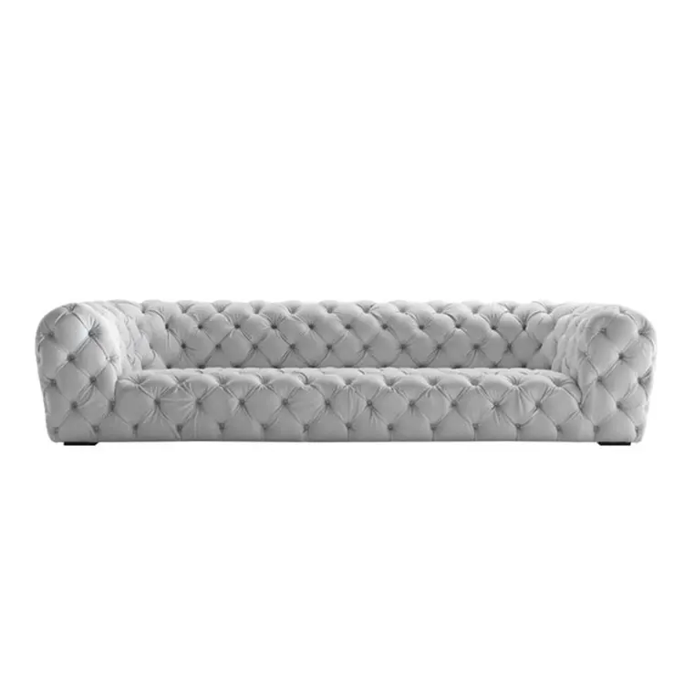 Chesterfield-sofá tapizado de terciopelo para sala de estar, mueble tapizado con botones de madera de 4 plazas, color blanco marfil